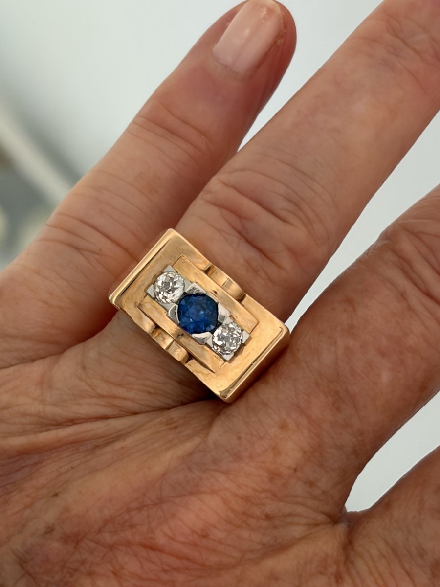 7980- Bague Tank Or Jaune Platine Saphir Diamants-photo-2