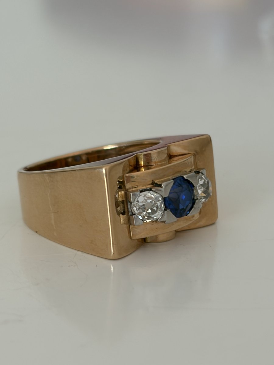 7980- Bague Tank Or Jaune Platine Saphir Diamants-photo-1