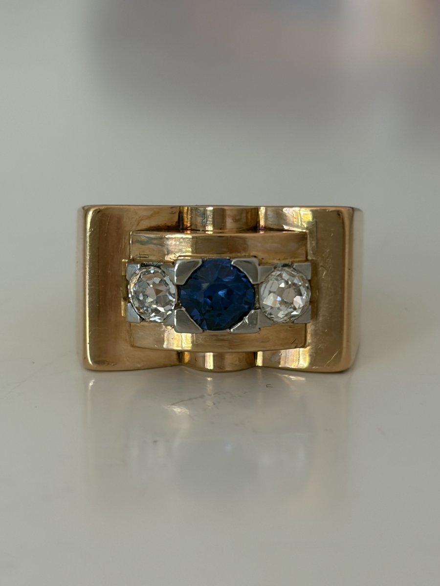 7980- Bague Tank Or Jaune Platine Saphir Diamants