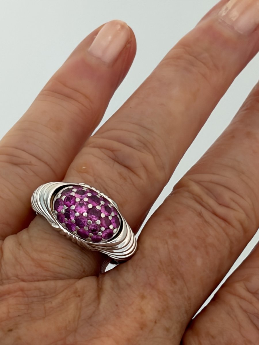 7981- Bague Jonc Vintage Or Gris Saphirs Roses-photo-2