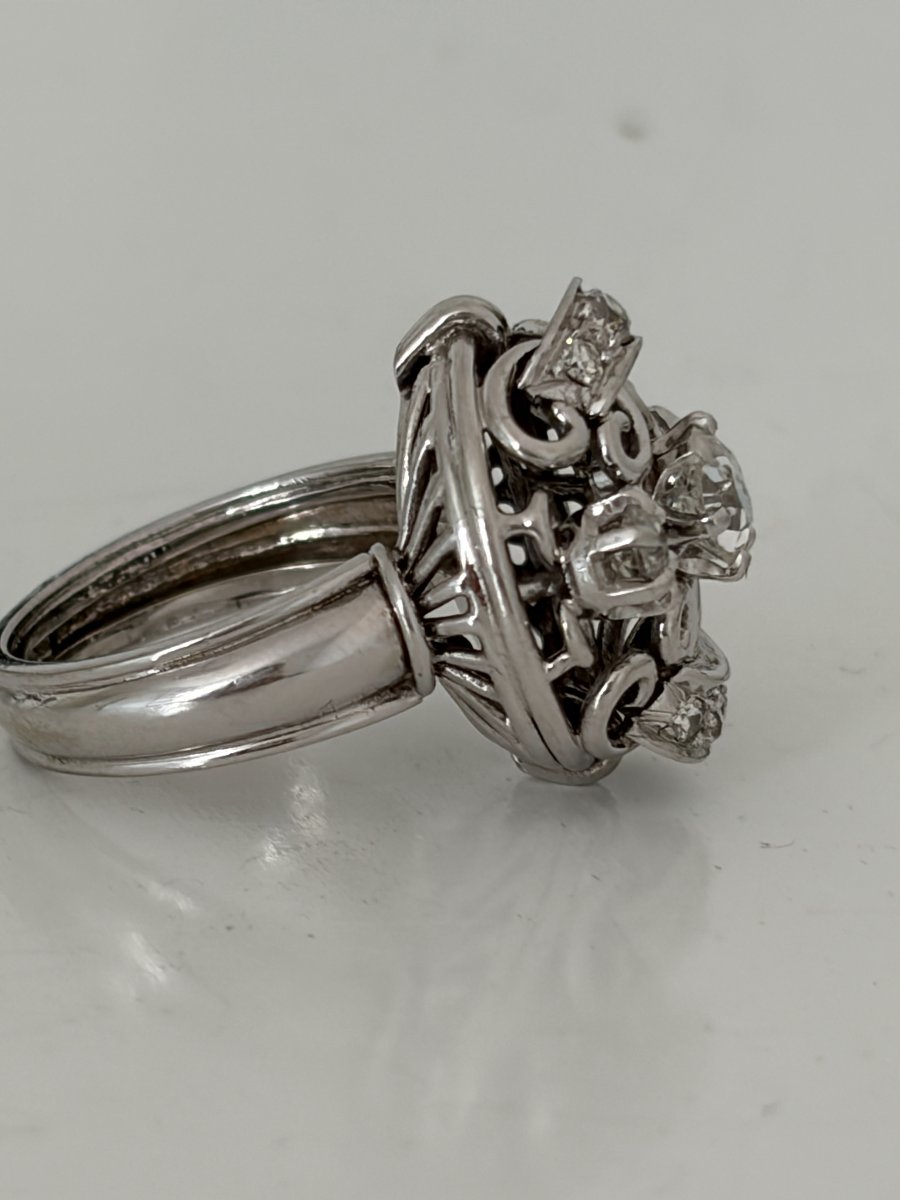 7987- Bague Dôme Vintage Or Gris Platine Diamants-photo-2