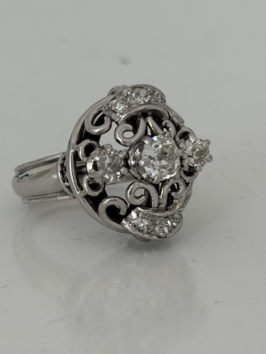 7987- Bague Dôme Vintage Or Gris Platine Diamants-photo-3