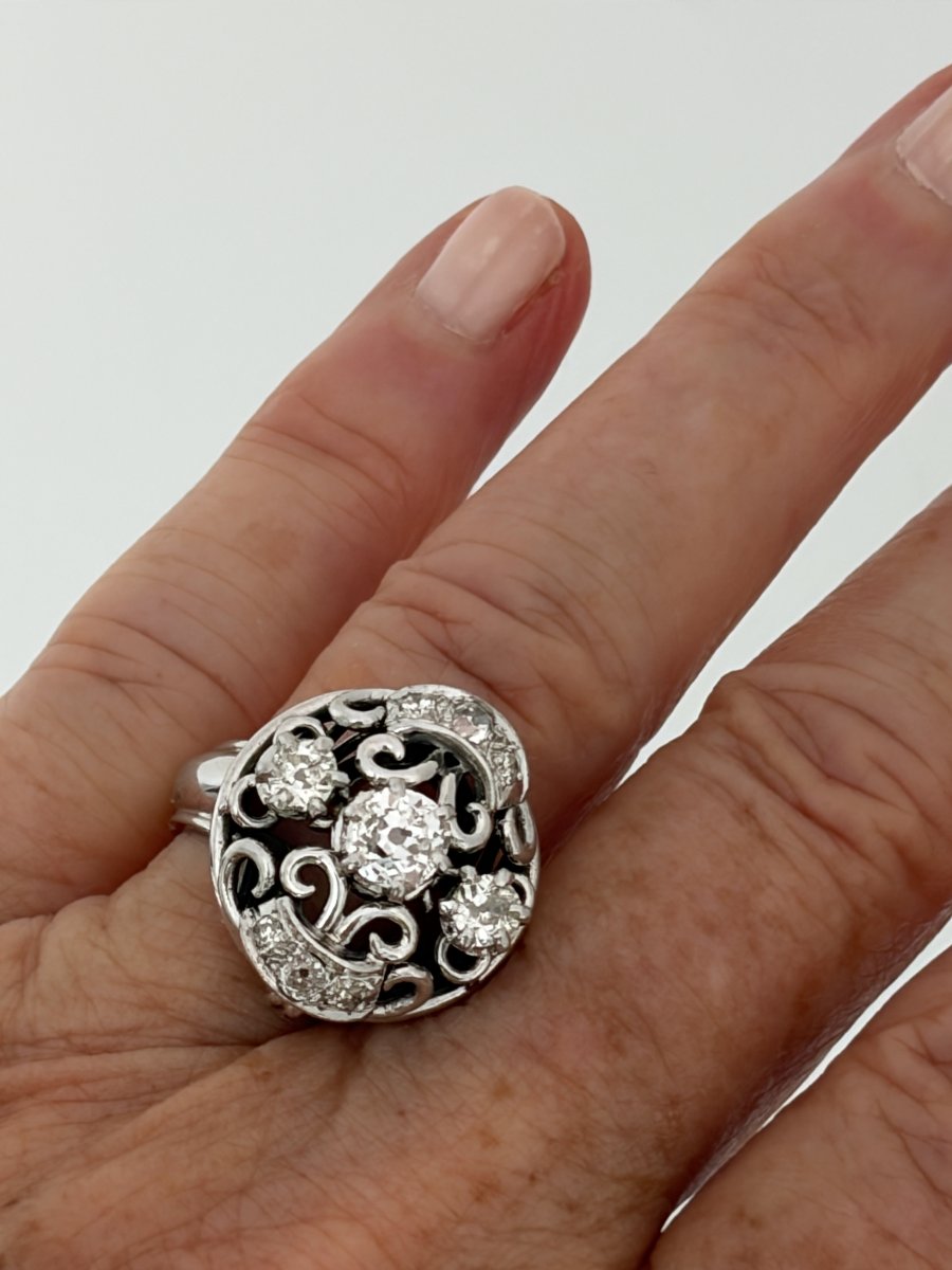 7987- Bague Dôme Vintage Or Gris Platine Diamants-photo-1