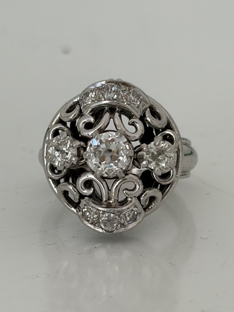 7987- Bague Dôme Vintage Or Gris Platine Diamants
