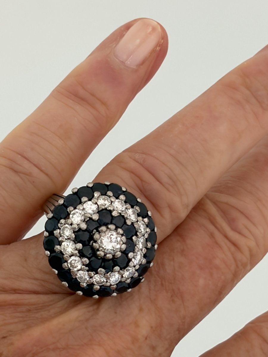 7997- Bague Cocktail Vintage Or Gris Saphirs Diamants-photo-1