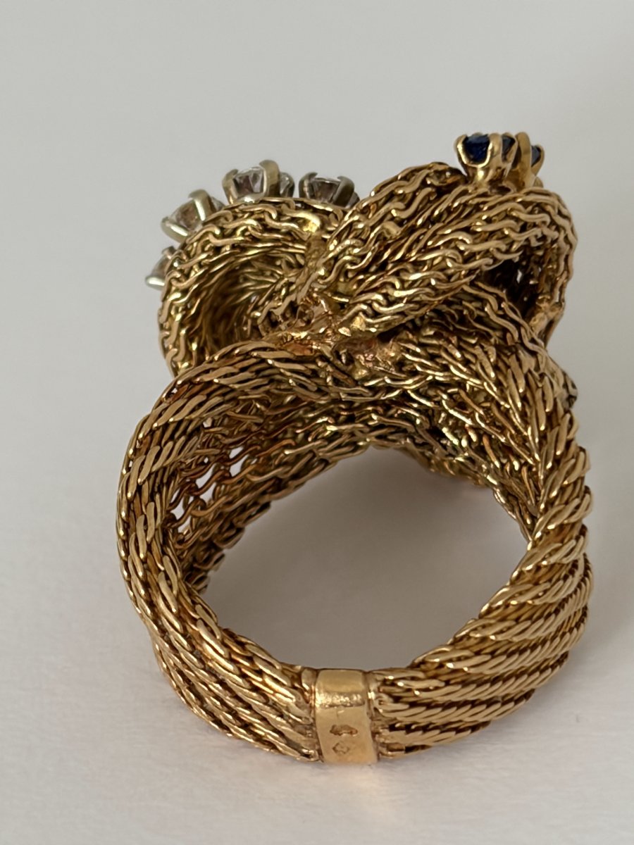 8054 - "knot" Ring In Twisted Yellow Gold With Gemstones-photo-2