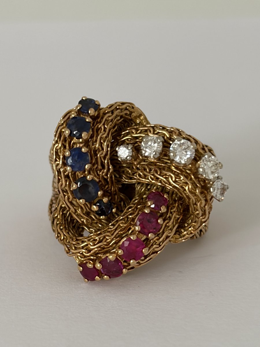 8054 - "knot" Ring In Twisted Yellow Gold With Gemstones-photo-3