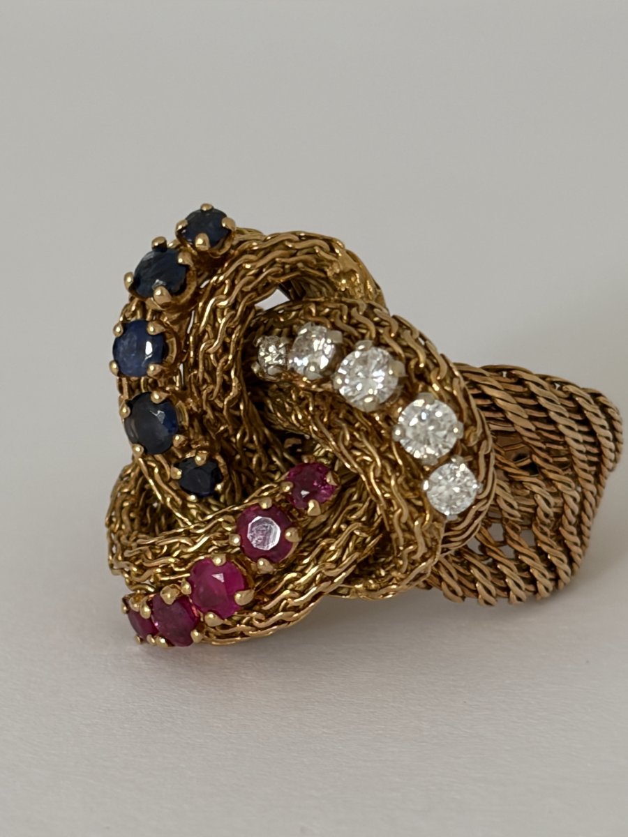 8054 - "knot" Ring In Twisted Yellow Gold With Gemstones-photo-1