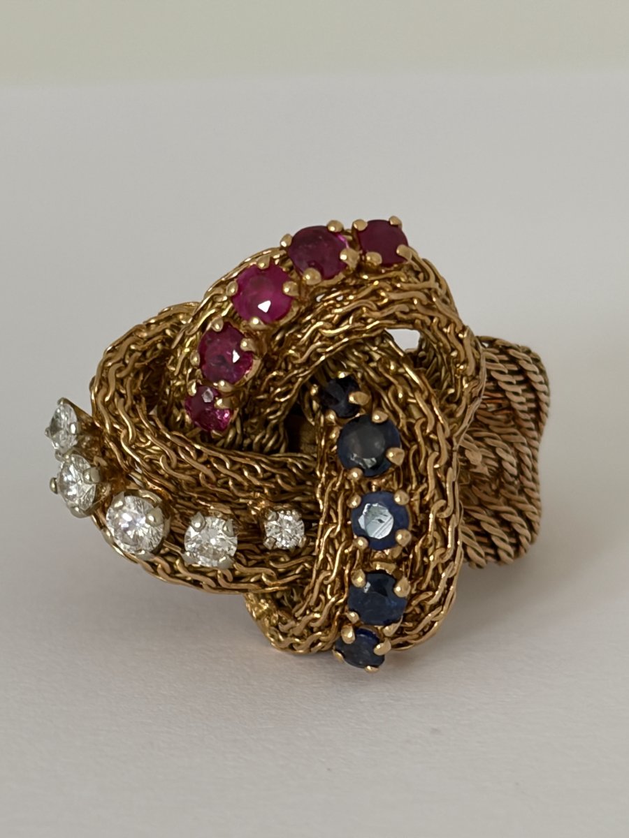 8054 - "knot" Ring In Twisted Yellow Gold With Gemstones