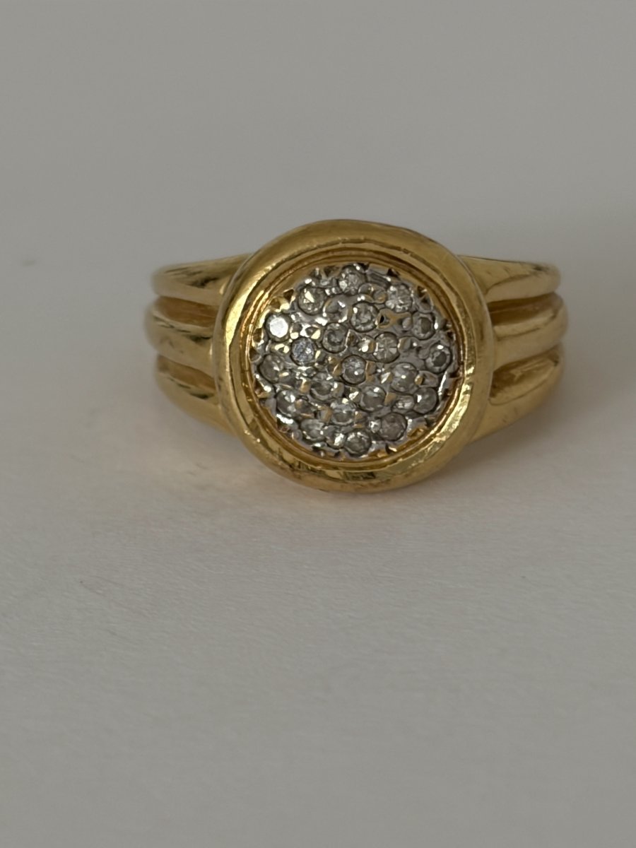 8058- Bague Vintage Or Jaune Godronné Diamants