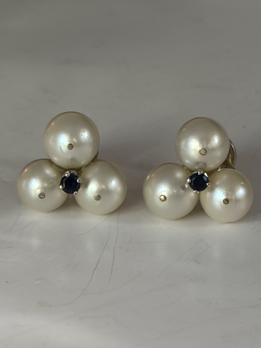 8065- Boucles d'Oreilles Vintage Or Gris Perles Saphirs-photo-3