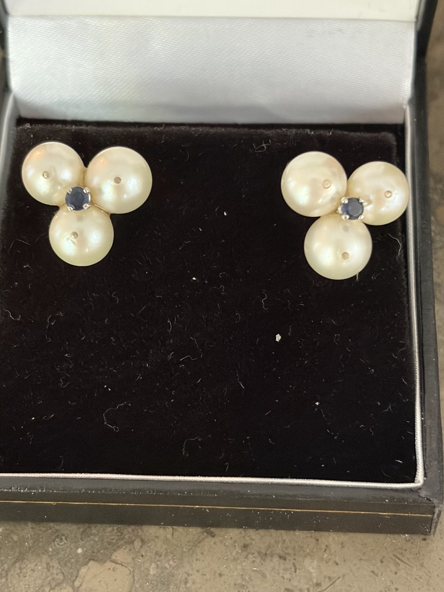 8065- Boucles d'Oreilles Vintage Or Gris Perles Saphirs-photo-4