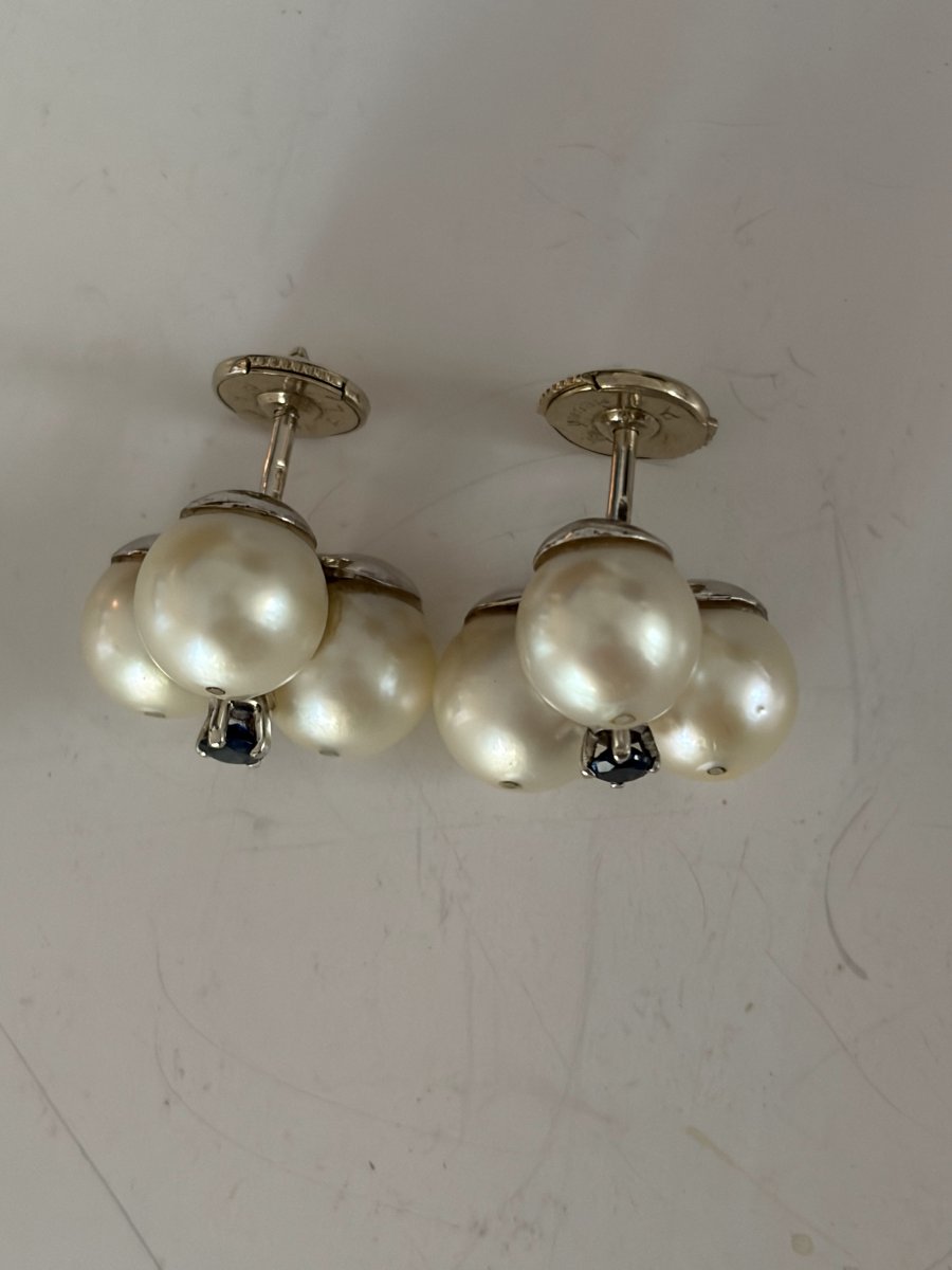 8065- Boucles d'Oreilles Vintage Or Gris Perles Saphirs-photo-2