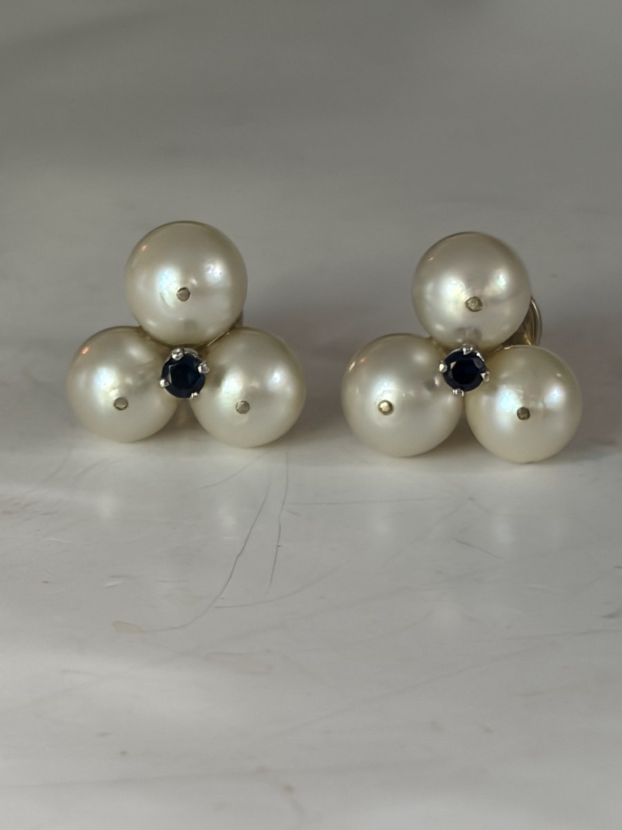 8065- Boucles d'Oreilles Vintage Or Gris Perles Saphirs