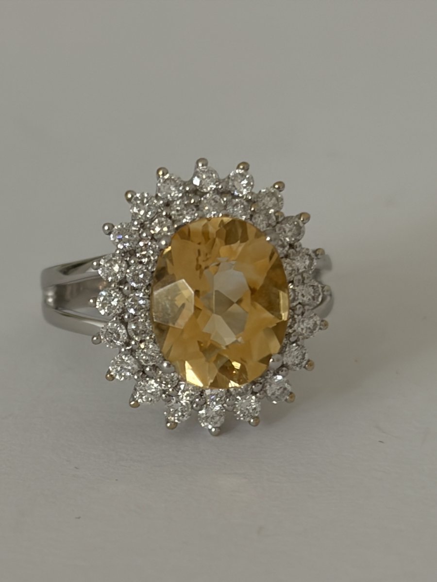 8076 - Vintage White Gold Ring With Citrine And 5.00 Ct Diamonds-photo-2