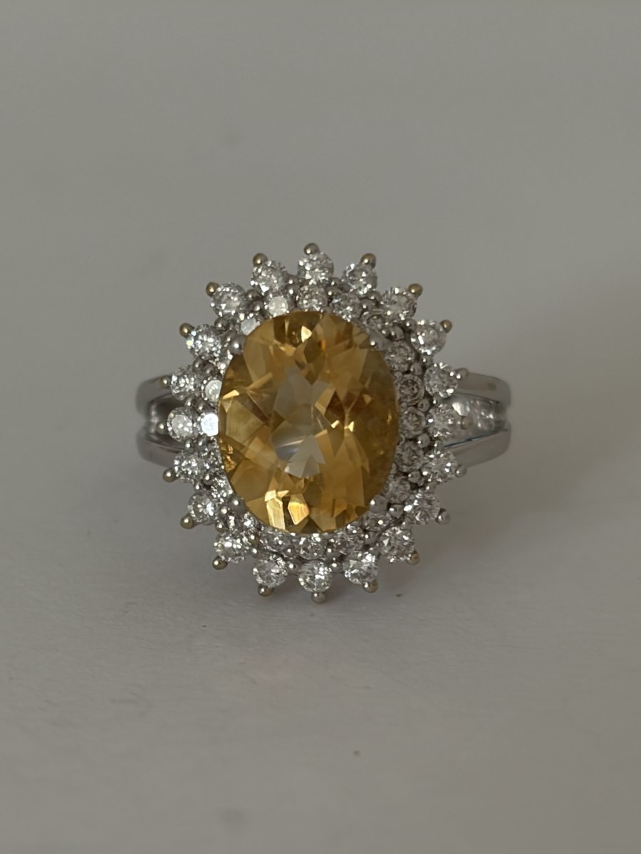8076 - Vintage White Gold Ring With Citrine And 5.00 Ct Diamonds