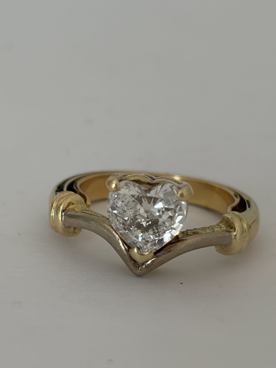 8019- Bague Vintage Or Jaune et Gris Diamant Taille Cœur de 1,00 ct-photo-4