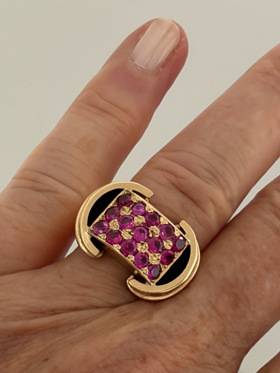 8026 - Yellow Gold Tank Ring With Rubies-photo-2