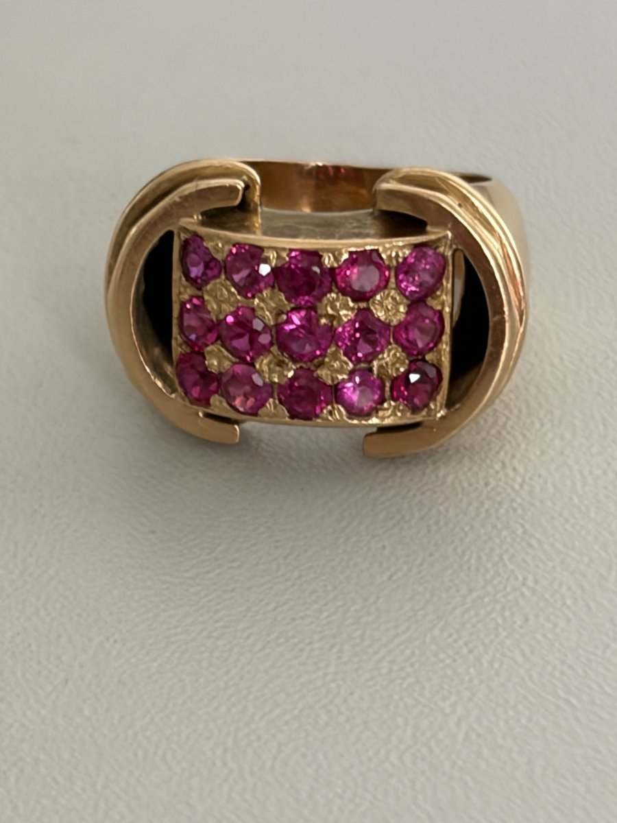 8026 - Yellow Gold Tank Ring With Rubies-photo-2