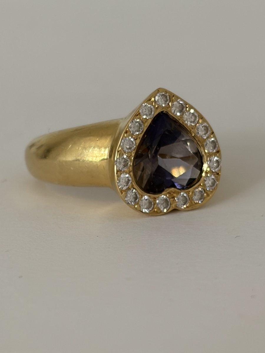 8073 - Vintage Yellow Gold Amethyst Heart Ring With Diamonds-photo-3