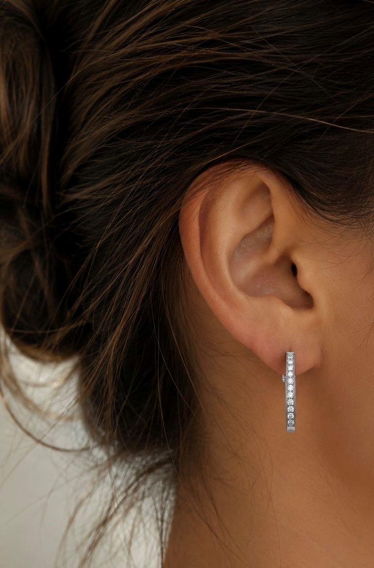 8074- Boucles d'Oreilles Créoles Or Gris Diamants-photo-3