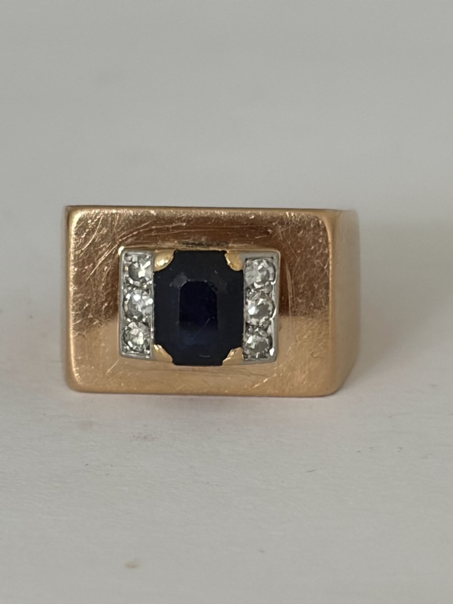 8084- Bague Tank Or Jaune Saphir Diamants