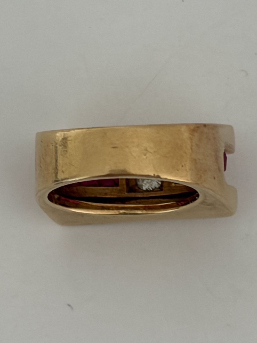 8085- Bague Tank Or Jaune Diamant Pierres Rouges-photo-2