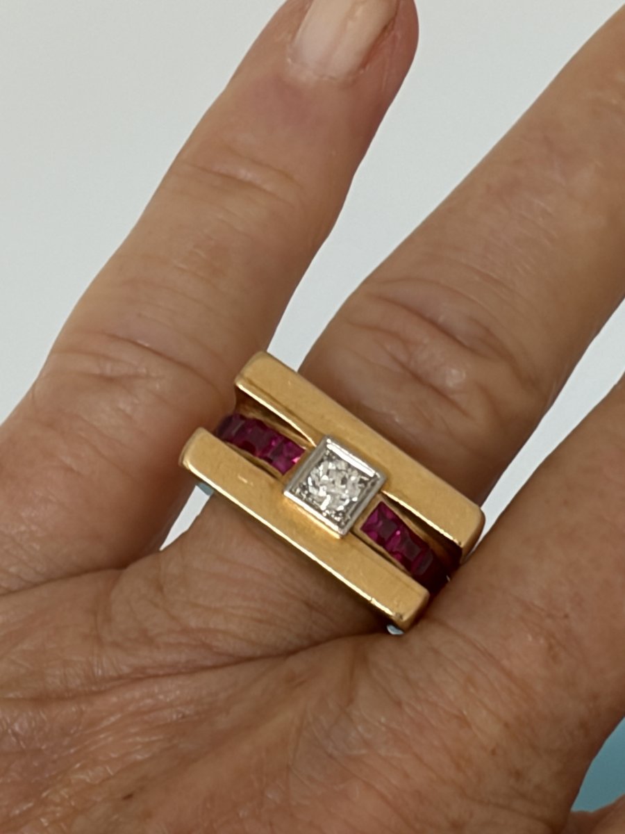 8085- Bague Tank Or Jaune Diamant Pierres Rouges-photo-3