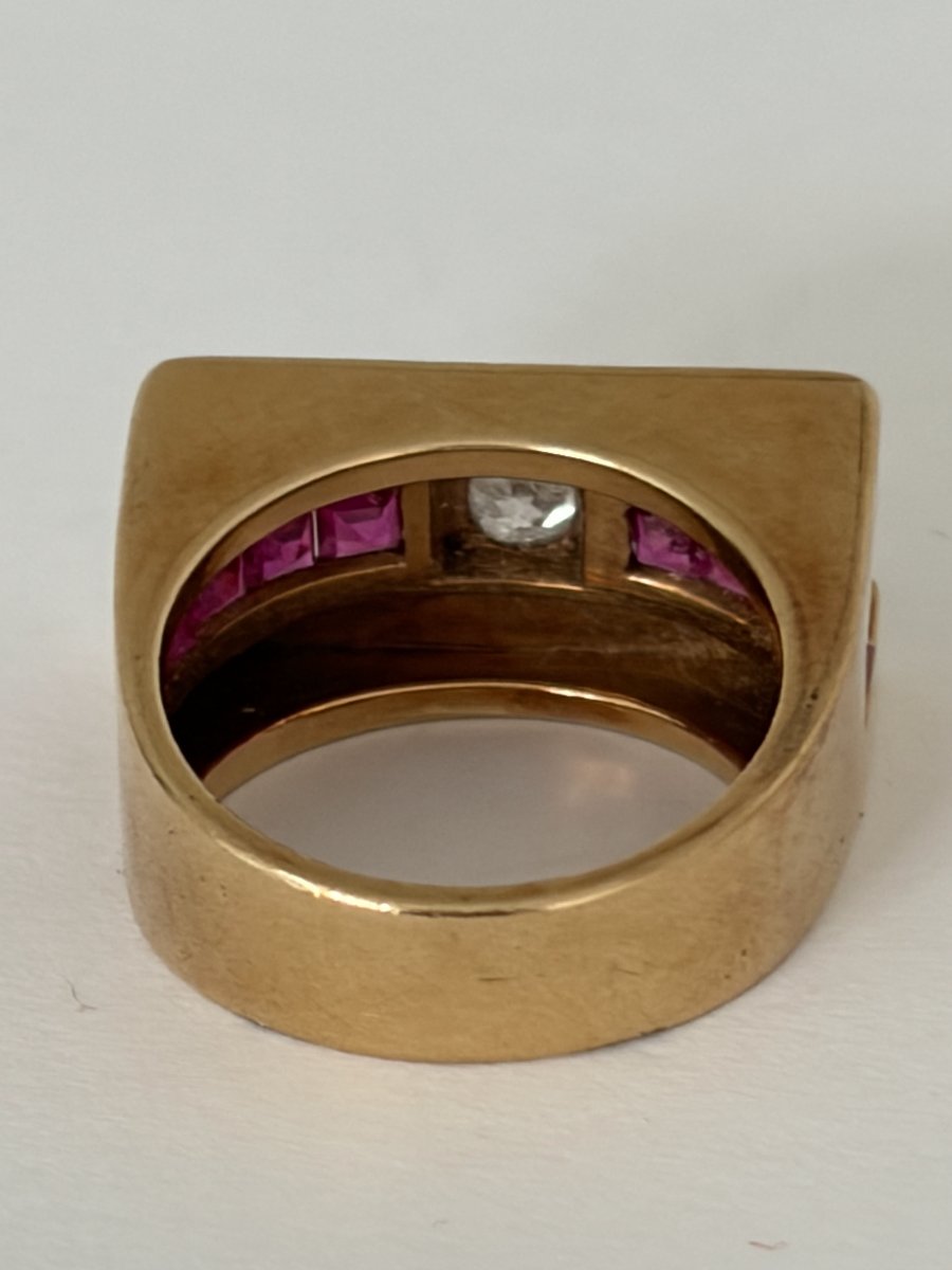 8085- Bague Tank Or Jaune Diamant Pierres Rouges-photo-4