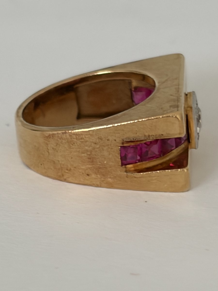 8085- Bague Tank Or Jaune Diamant Pierres Rouges-photo-1