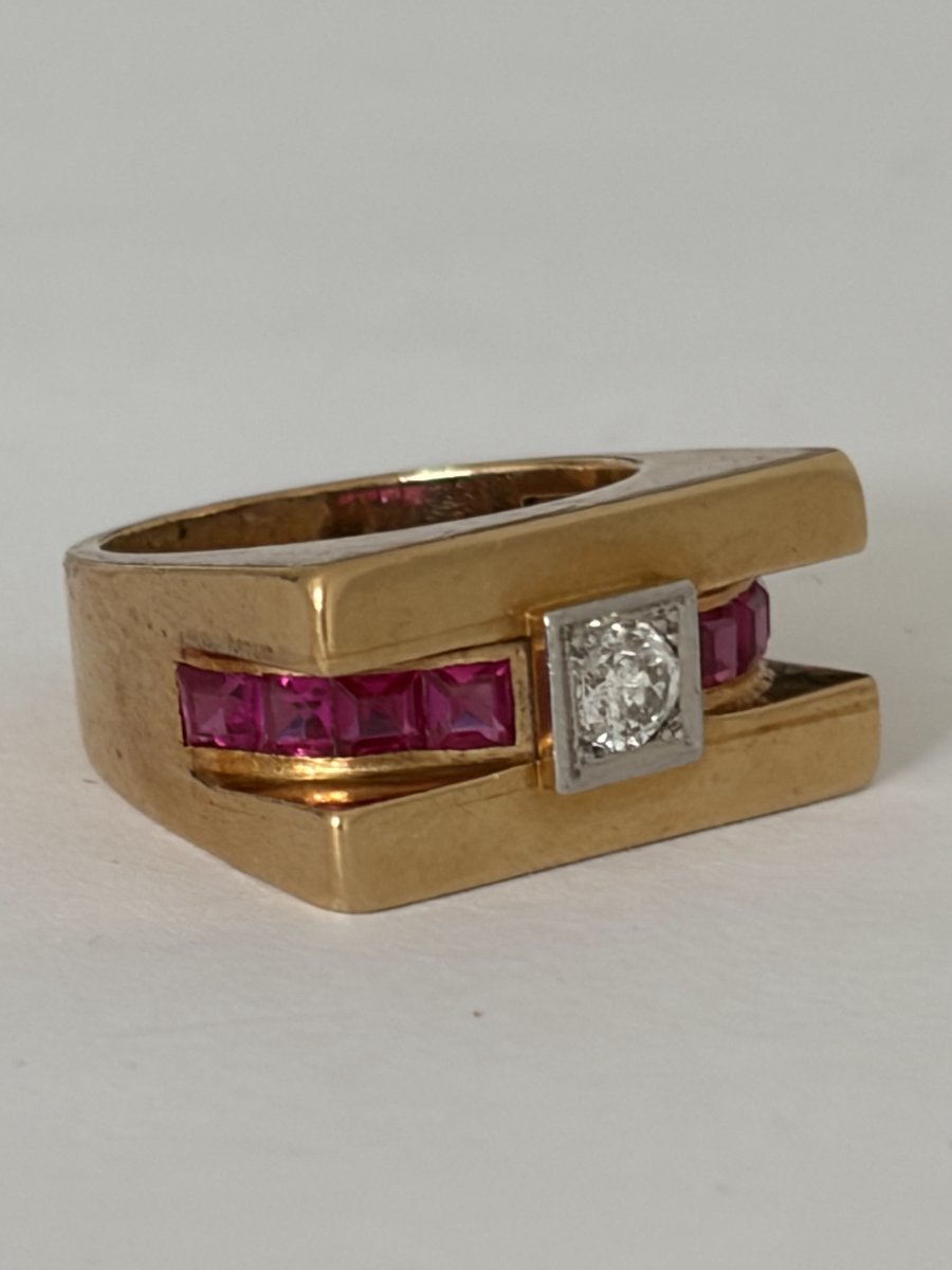 8085- Bague Tank Or Jaune Diamant Pierres Rouges-photo-2