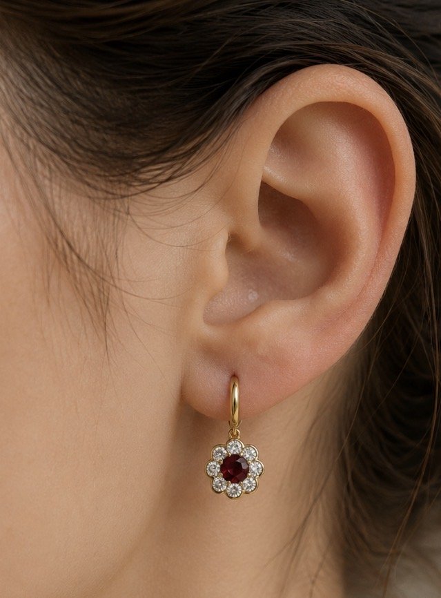 8086 - Vintage Yellow Gold Earrings With Bright Red Rubies And Diamonds-photo-2