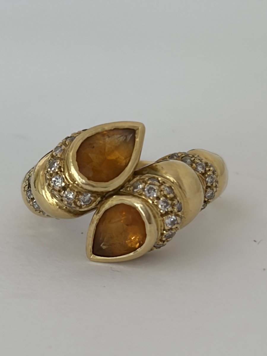 8126 - "toi & Moi" Vintage Yellow Gold Ring With Citrine And Diamonds