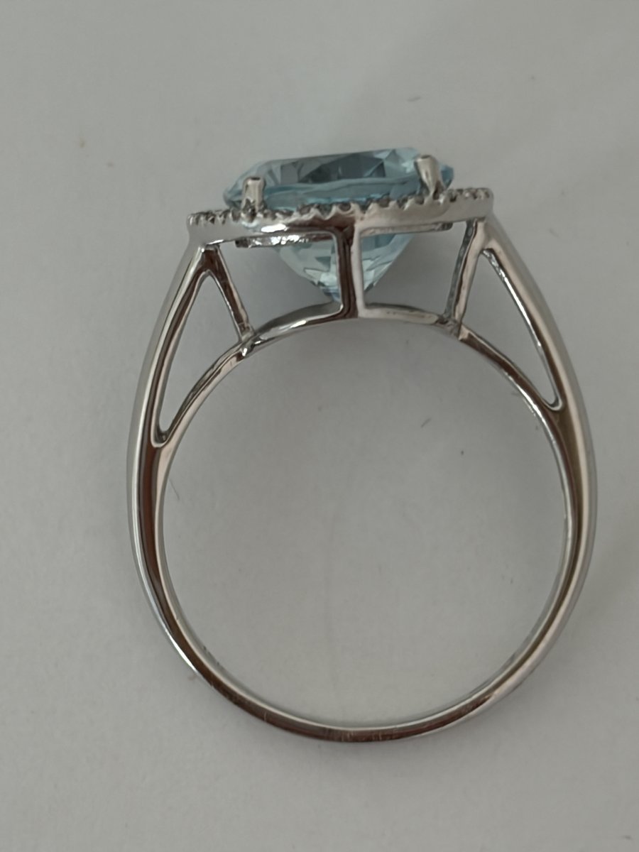 8130- Bague Vintage Or Gris Aigue-Marine Diamants-photo-2