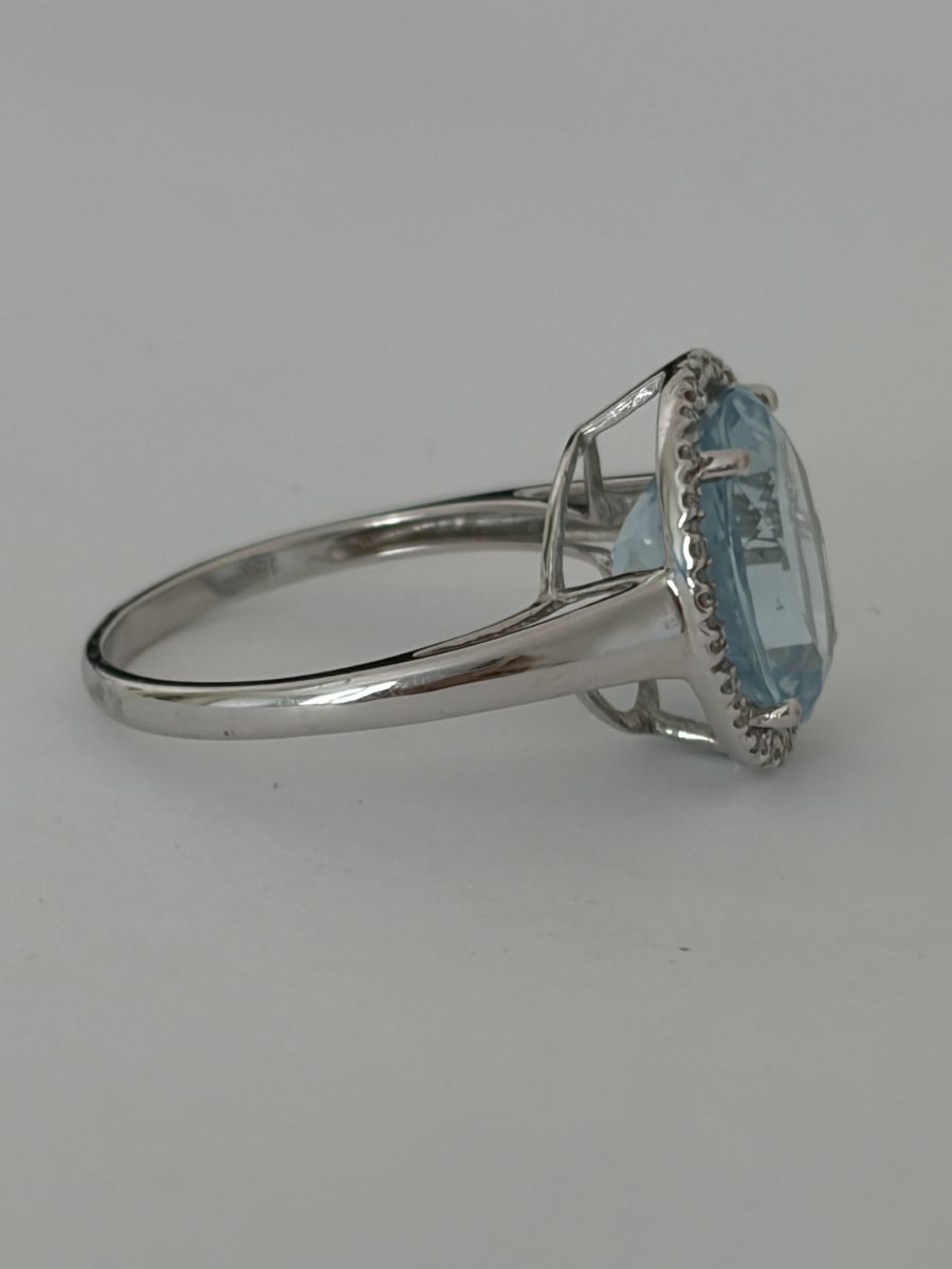 8130- Bague Vintage Or Gris Aigue-Marine Diamants-photo-3