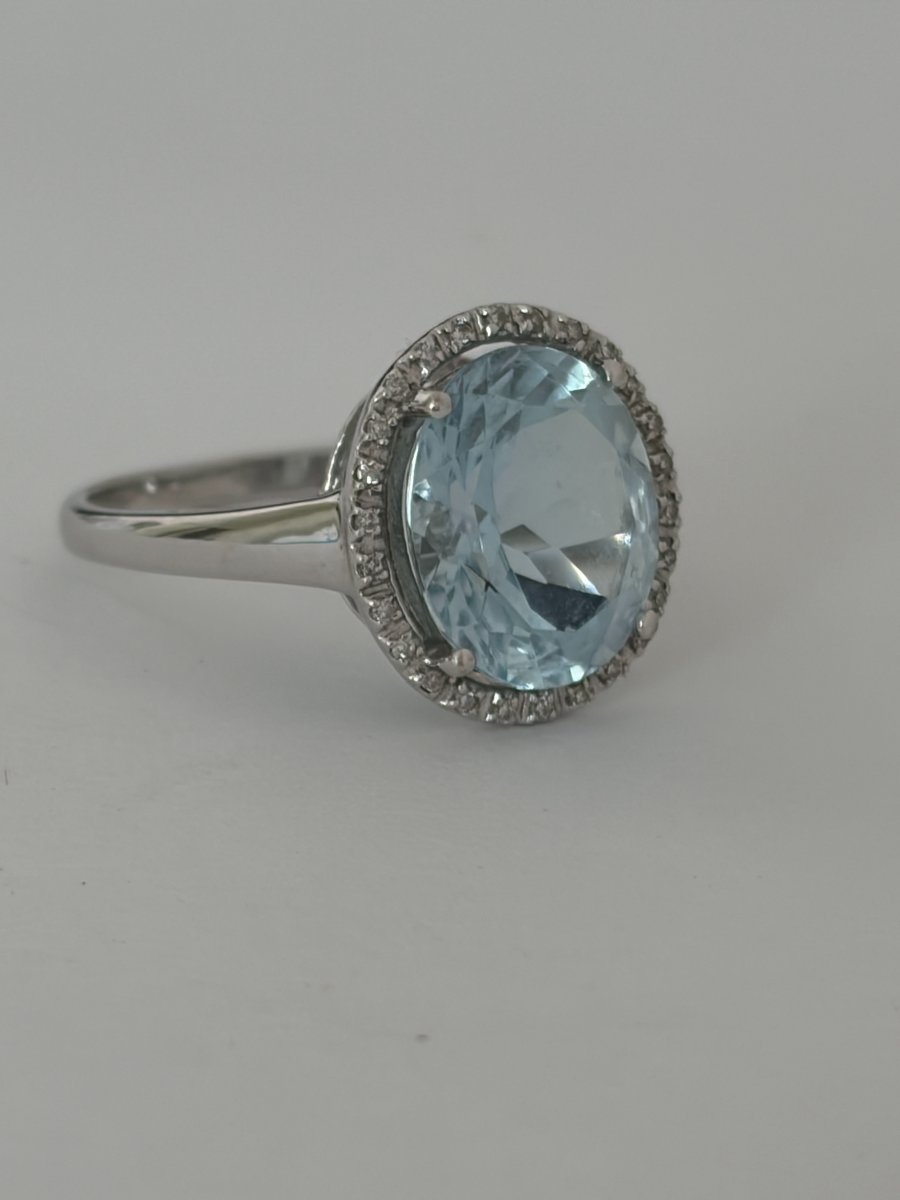 8130- Bague Vintage Or Gris Aigue-Marine Diamants-photo-4