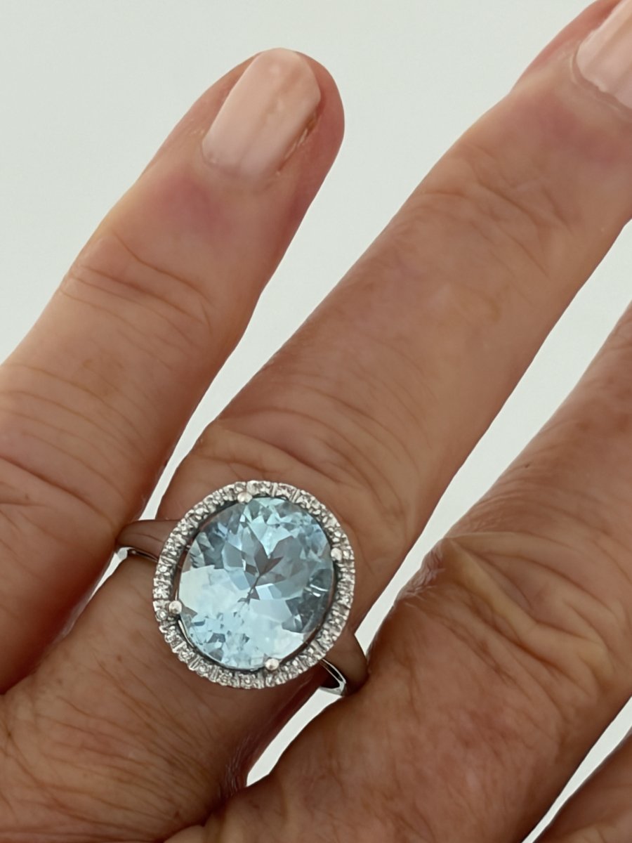8130- Bague Vintage Or Gris Aigue-Marine Diamants-photo-1