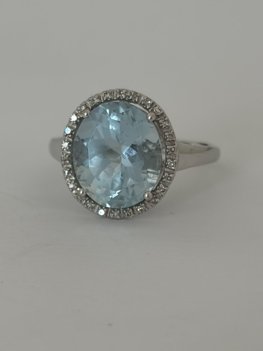 8130- Bague Vintage Or Gris Aigue-Marine Diamants