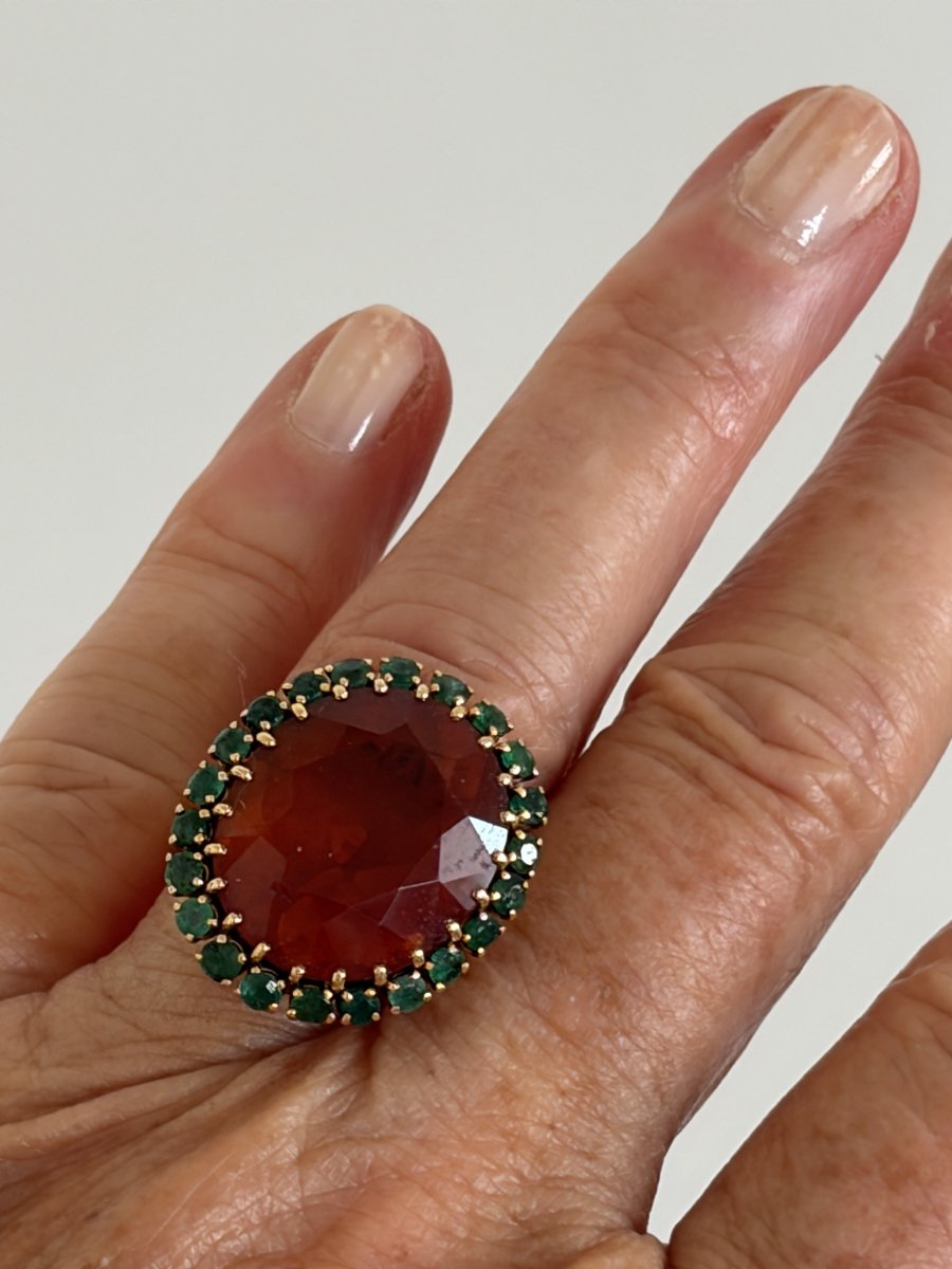 8139 - Large Vintage Yellow Gold Cocktail Ring With Citrine And Emeralds-photo-2