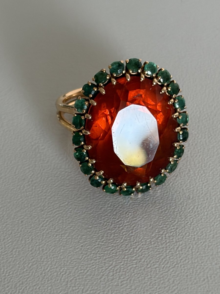8139 - Large Vintage Yellow Gold Cocktail Ring With Citrine And Emeralds-photo-2