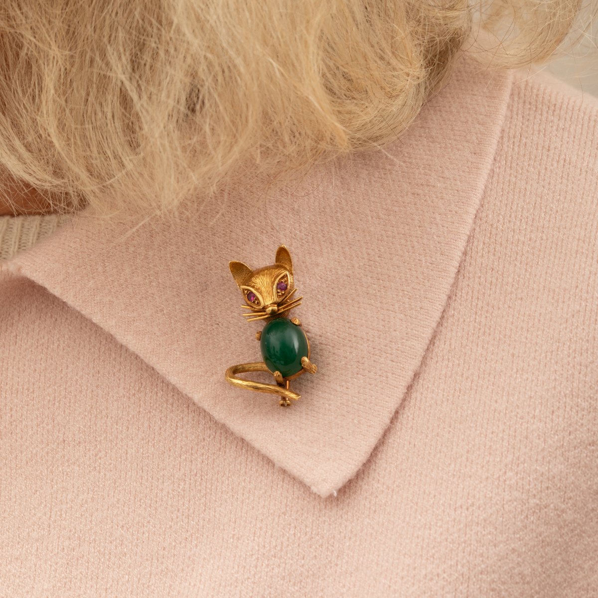 5636- Broche Vintage Chat Or Jaune Rubis Chrysoprase-photo-4