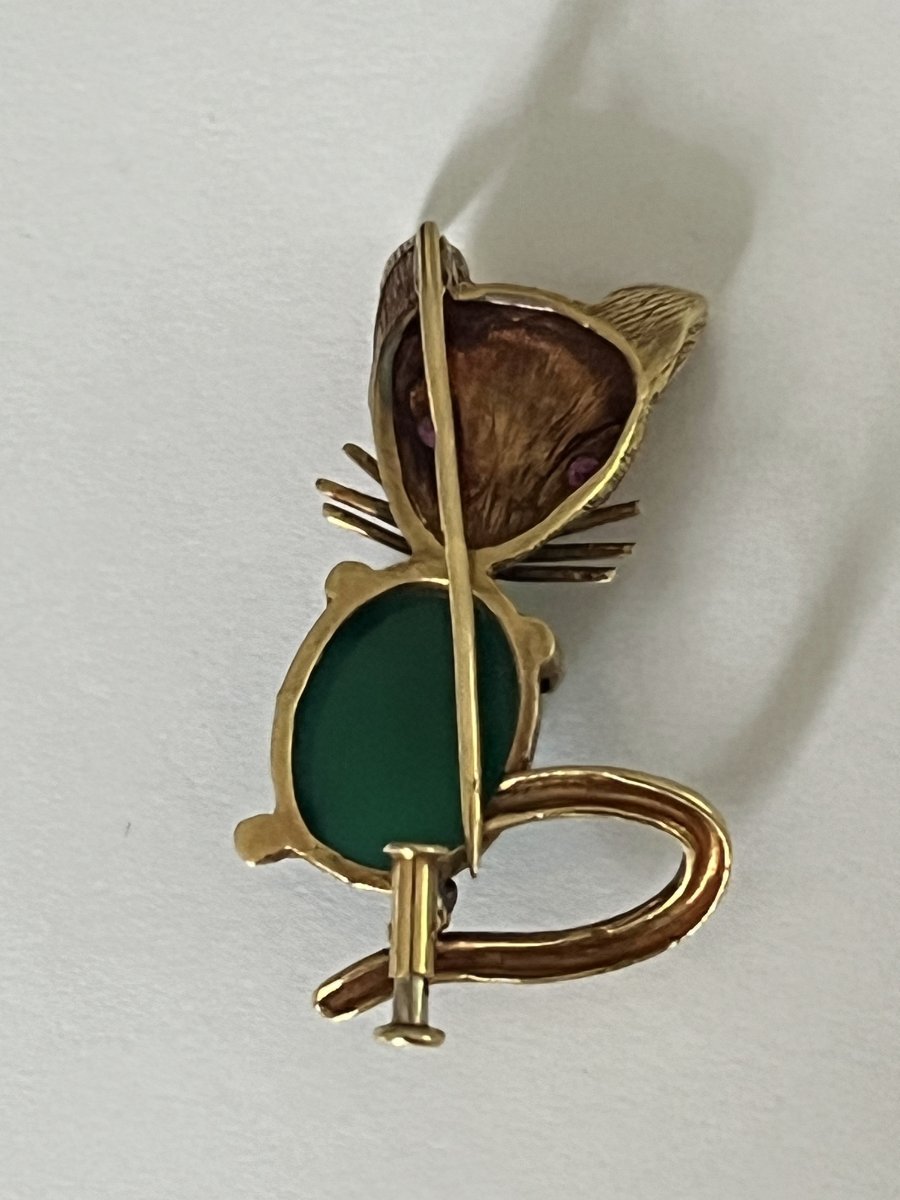 5636- Broche Vintage Chat Or Jaune Rubis Chrysoprase-photo-3