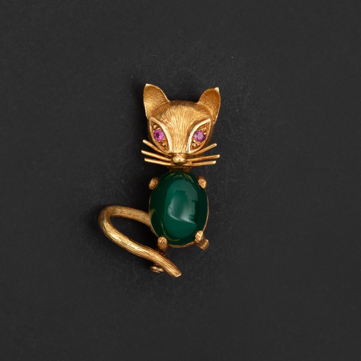 5636- Broche Vintage Chat Or Jaune Rubis Chrysoprase