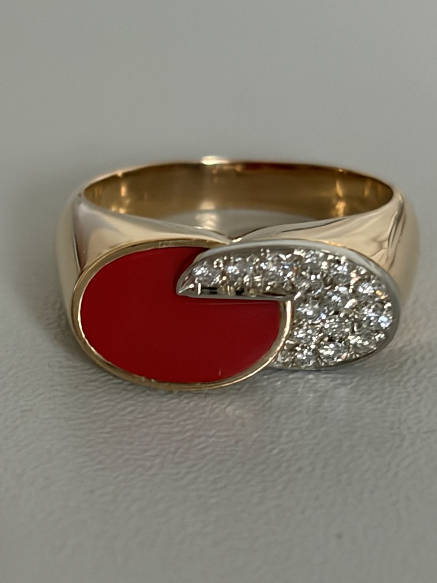 7680- Bague Vintage Or Jaune Corail Diamants
