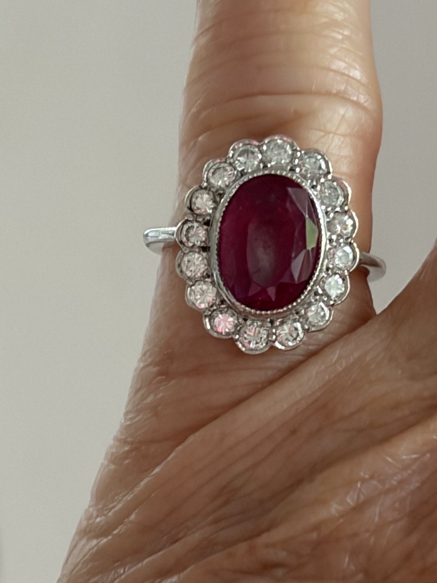 7690- Bague Vintage Or Gris Rubis Diamants-photo-3