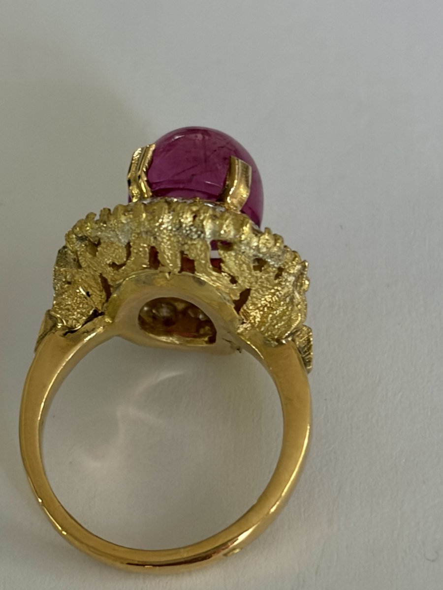 7763 - Vintage Yellow Gold Dome Ring With Tourmaline And Diamonds-photo-3