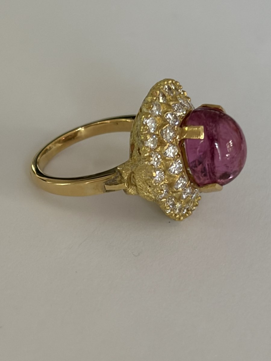 7763 - Vintage Yellow Gold Dome Ring With Tourmaline And Diamonds-photo-4