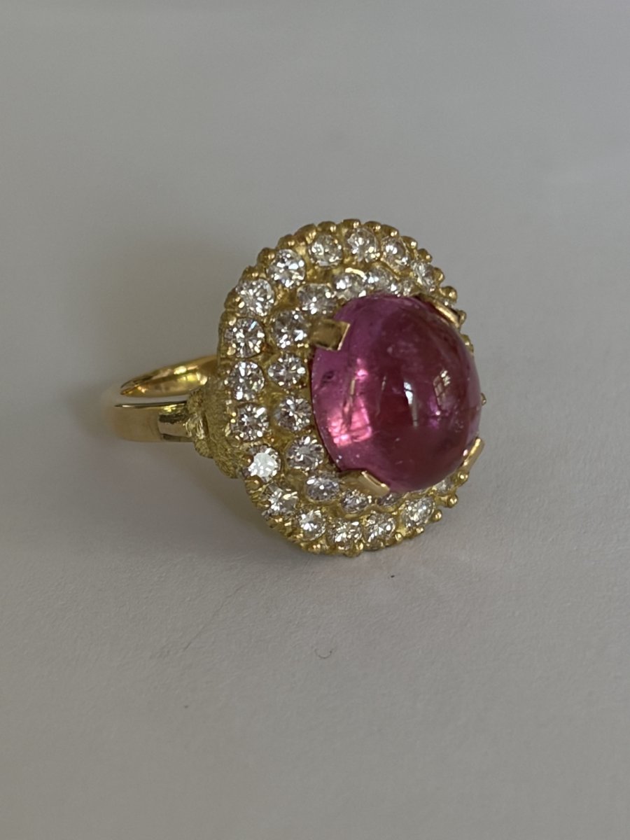 7763 - Vintage Yellow Gold Dome Ring With Tourmaline And Diamonds-photo-1