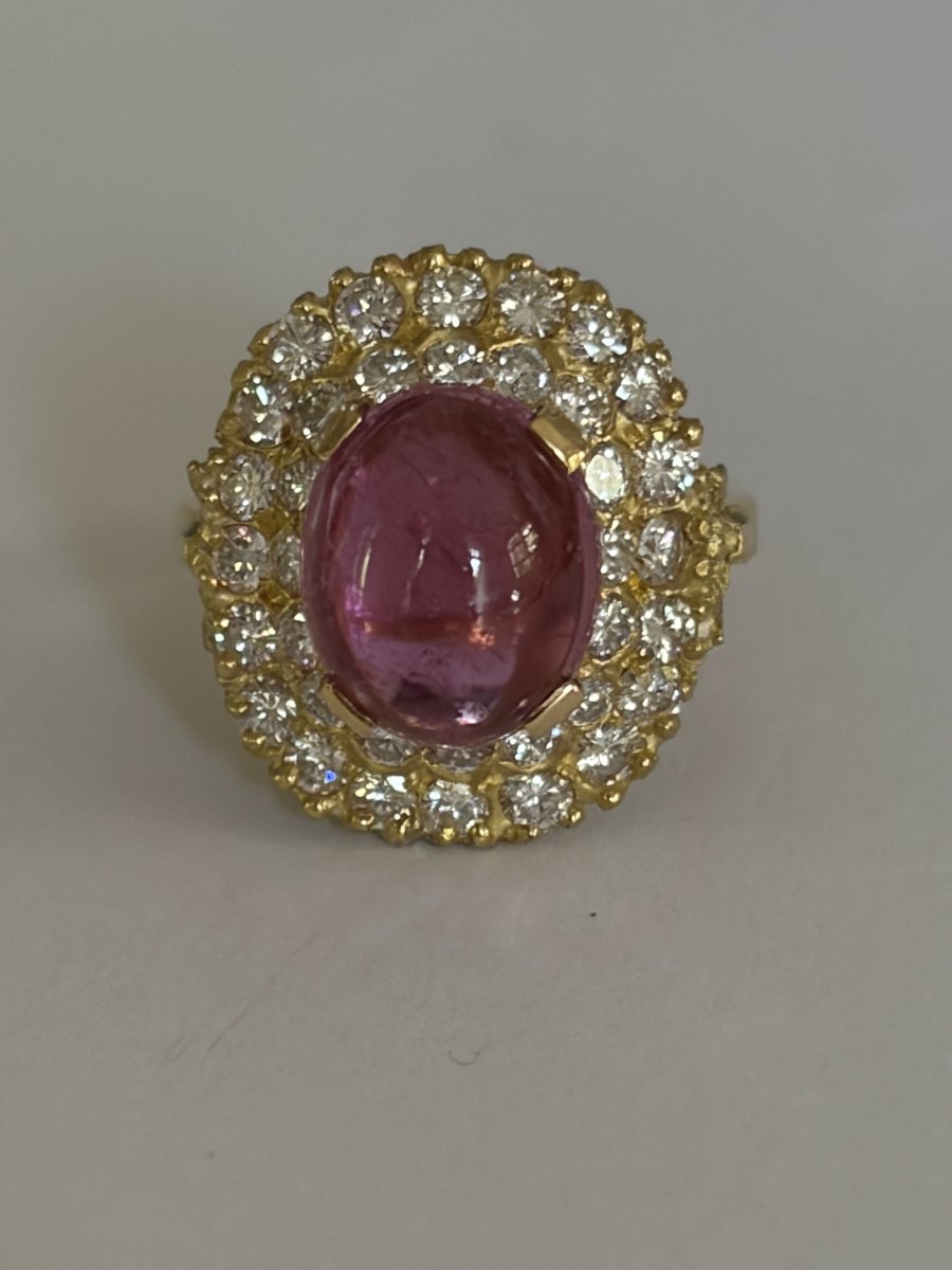 7763 - Vintage Yellow Gold Dome Ring With Tourmaline And Diamonds