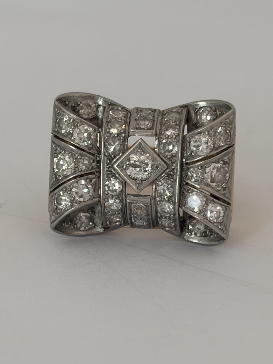7872- Bague Tank Or Jaune Platine Diamants